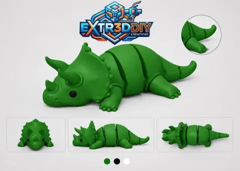 Triceratops Flexy – Articulated 3D Printable Dinosaur | Print-in-Place | No Supports STL